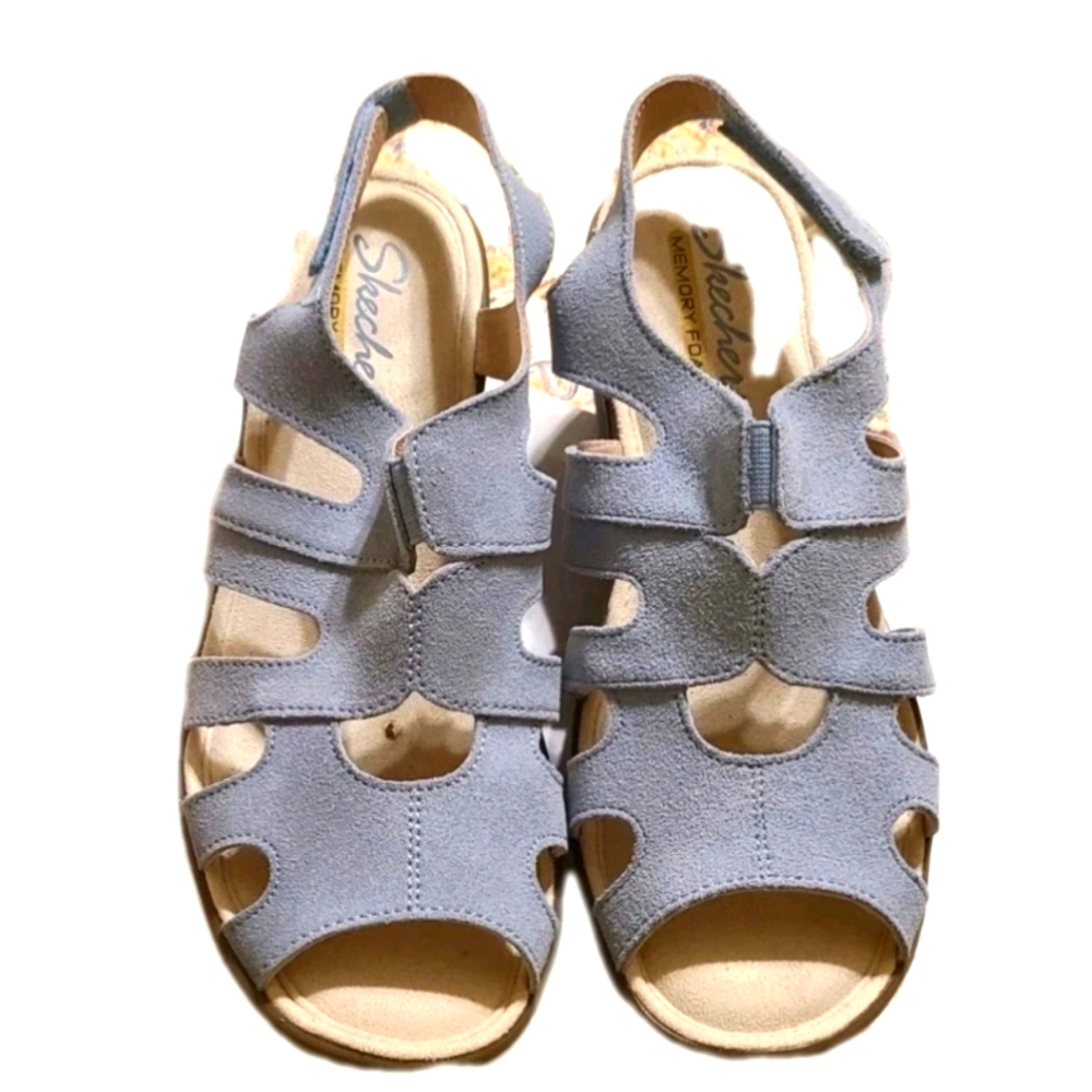 Skechers Stylin' Suede Sandals Blue Peep Toe Slingback Wedge 7.5 New